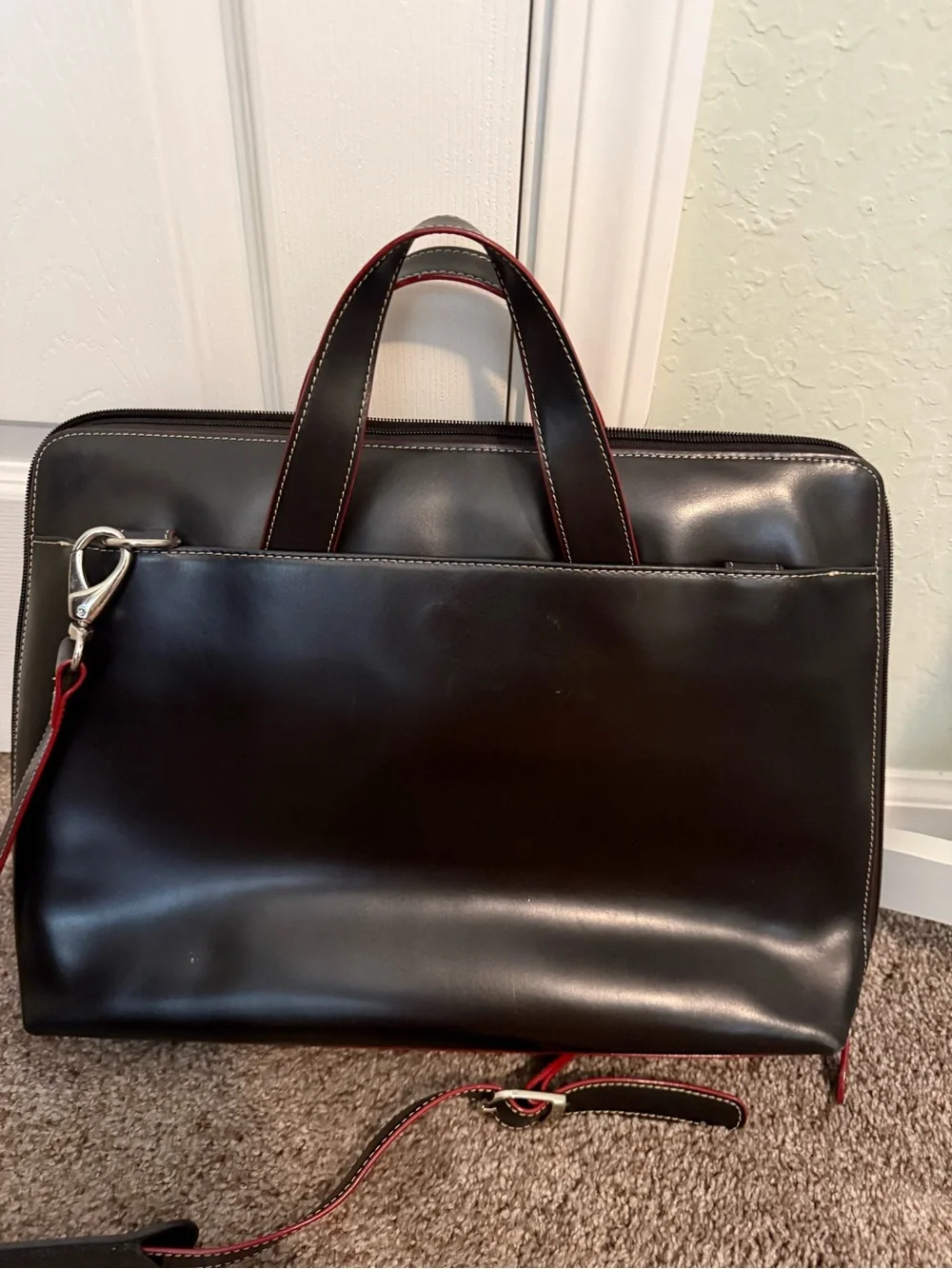 Lodis Black Leather Briefcase with Red Edge Accents